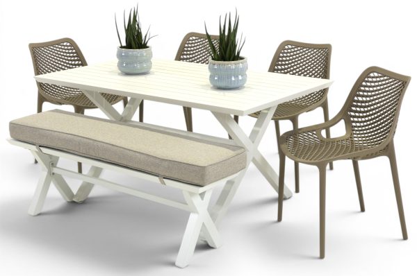 4 Isla Taupe Chairs, Bench & 1.5m Samui Table White