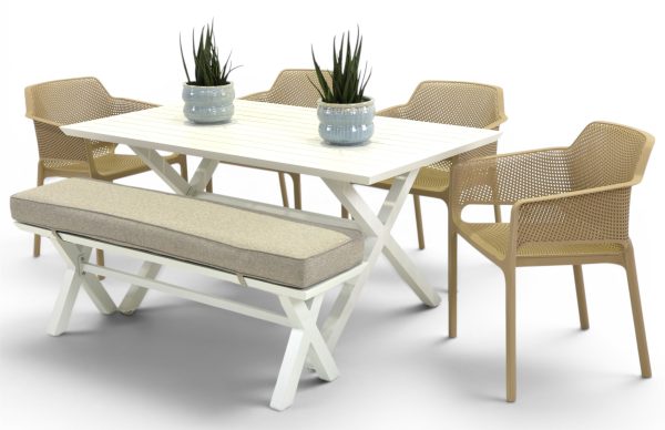 4 Paris Taupe Chairs, Bench & 1.5m Samui Table White