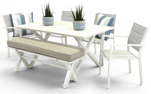 4 Whitby Chairs, Bench & 1.5m Samui Table White