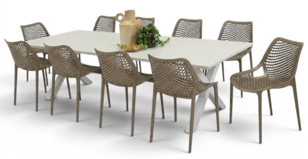 10 Isla Taupe Chairs & 2.6m Samui Table White