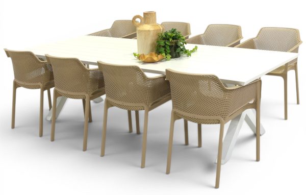 8 Paris Taupe Chairs & 2.6m Samui Table White