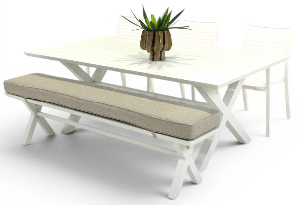 3 Aria Chairs, Bench & 2m Samui Table White